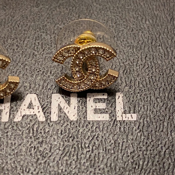 Chanel Gold Metal and Silver Crystal Mini Tiny Classic Stud Earrings - Picture 6 of 10